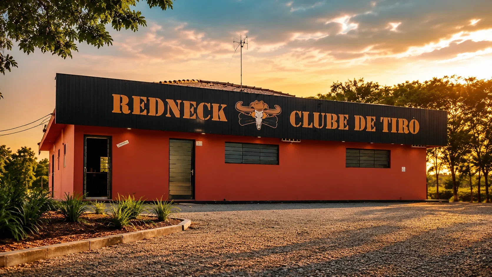 Fachada do Redneck Clube de Tiro ao pôr do sol